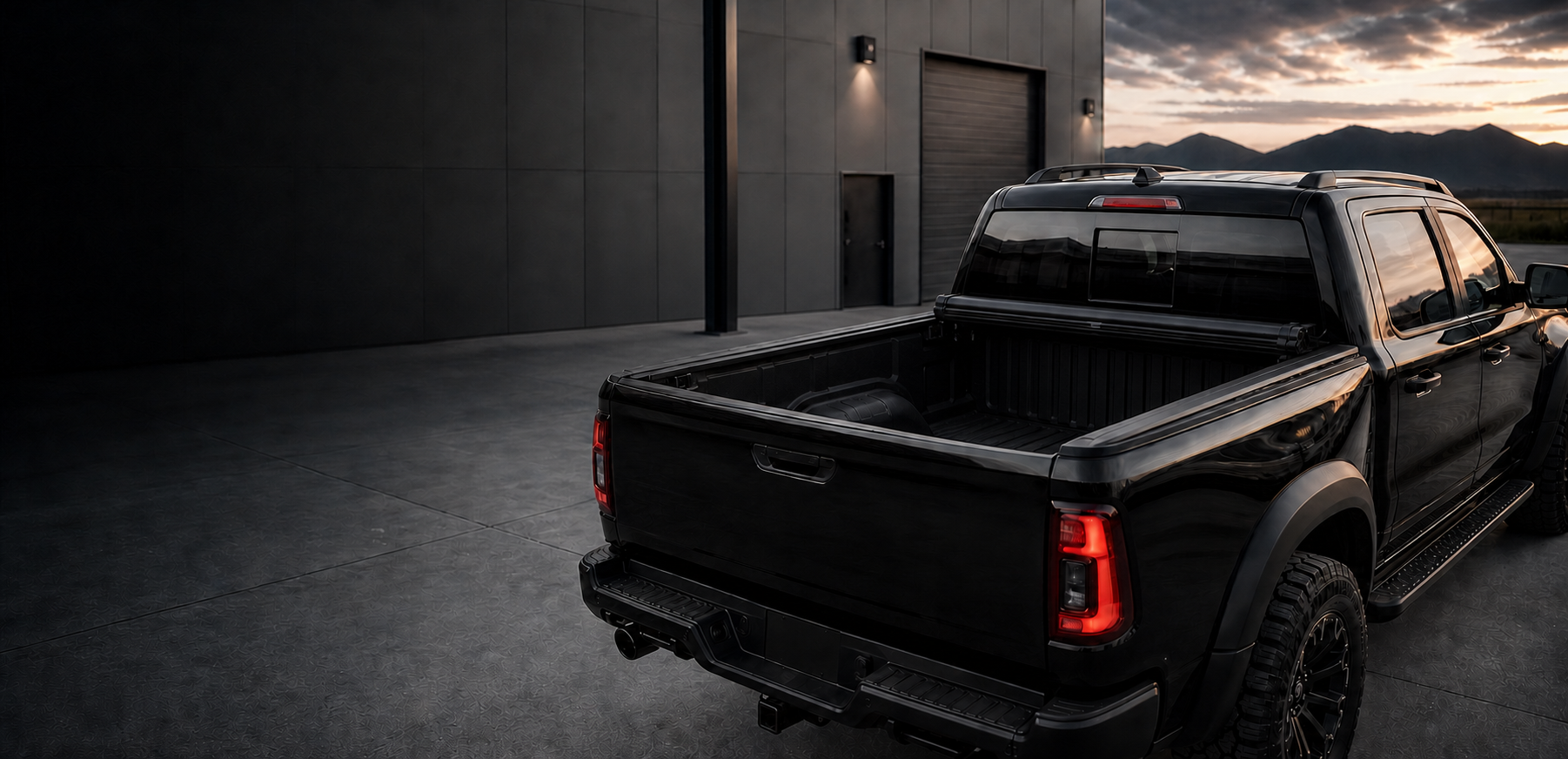 Pickup truck accessory FAQ cover, featuring a row of canopies, tonneau covers and accessories lined up in a factory yard